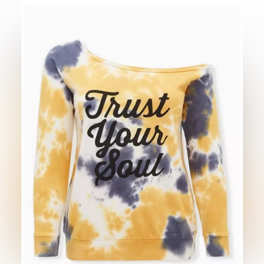 Torrid Trust Your Soul Yellow & Grey Tie-Dye Terry Off Shoulder Sweatshirt Size2